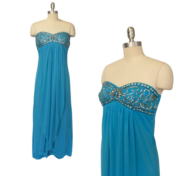 Vintage 90s Y2K Prom Dress Maxi Gown Size S M Blue Strapless Grecian Embellished - Picture 1 of 10